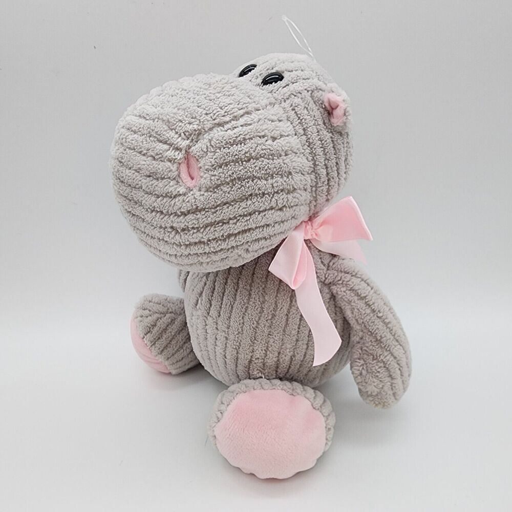 Burton + Burton Corduroy Ribbed Hippo Plush 12” Gray Pink Bow Stuffed Animal Toy